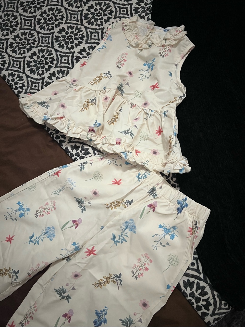 Girls Cream Floral Ruffle Set